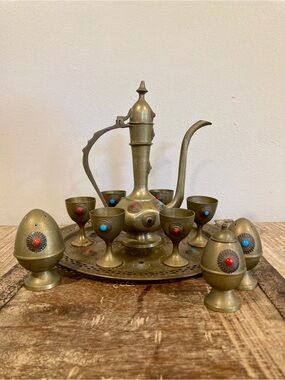 Vintage Turkish/Moroccan Wine Tea Set with Tray Cups & Shakers Jeweled Metal